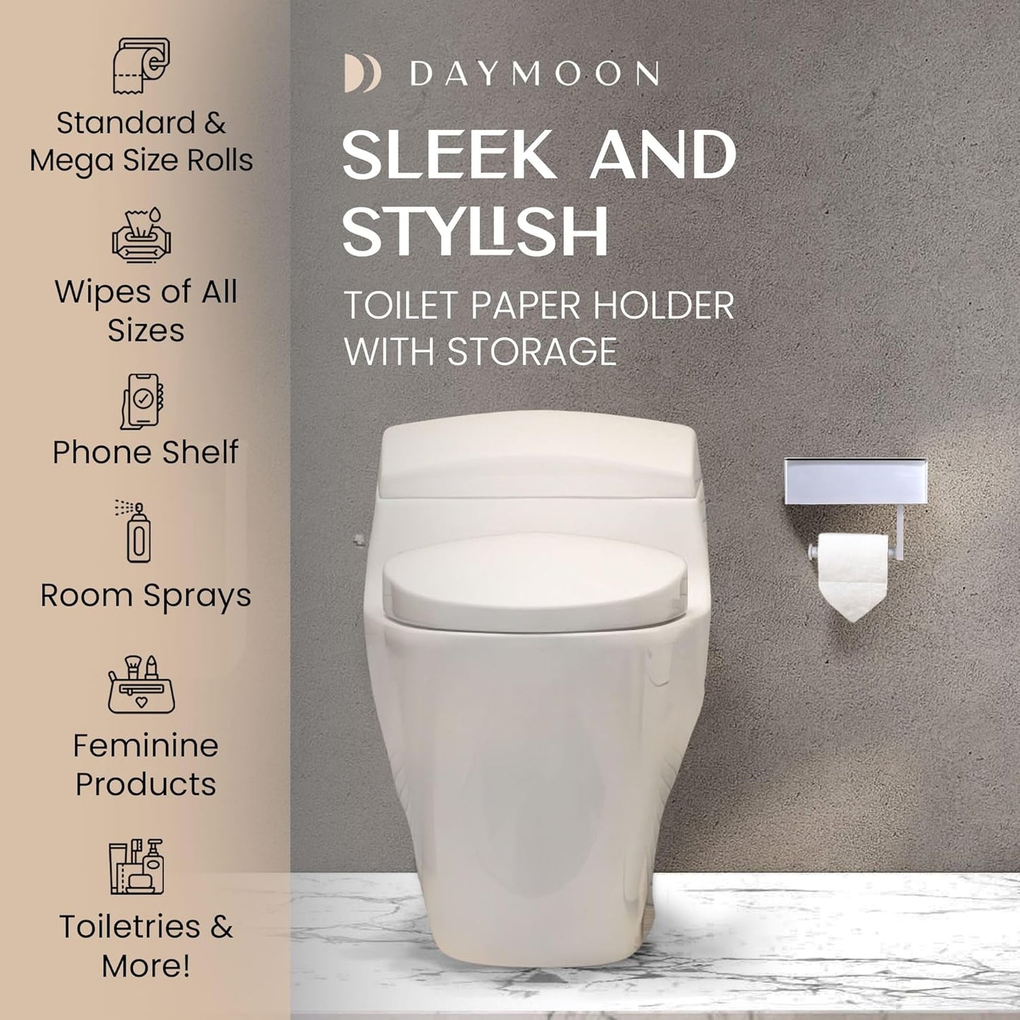Day Moon™ White Toilet Paper Holder with Shelf - Wipe Holder for Bathroom, Flushable Wipes Dispenser, Toilet Paper and Wipes Holder