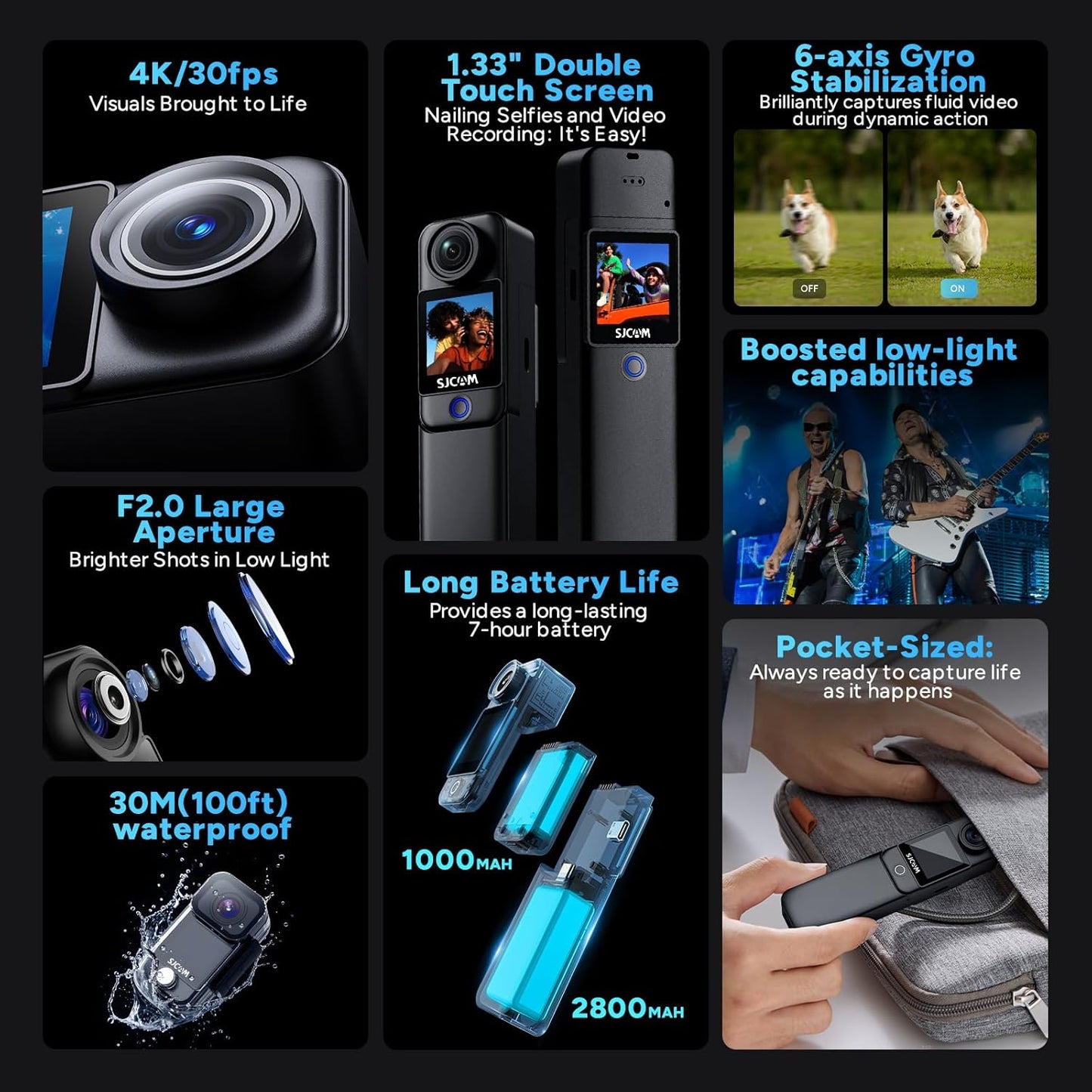 SJCAM C300 Pocket Action Camera 4K,7Hour Power, 6-Axis Stabilization, Dual-Touch Screen Body Camera,30M Waterproof,Vlogging and YouTube Live Streaming,with Accessories Kits,Black,Gifts with 64G Card