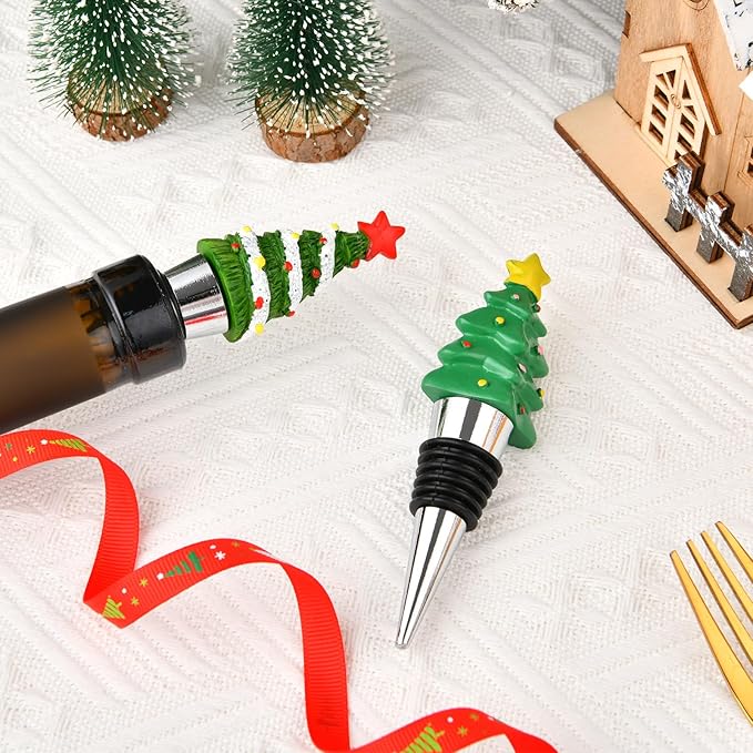 2 Pack Christmas Tree Wine Bottle Stoppers Reusable Bottle Stoppers Cute Wine and Beverage Corker Bottle Sealers for Xmas Holiday Party Decoration, Resin Decorative Wine Stoppers Wine Gift for Hostess