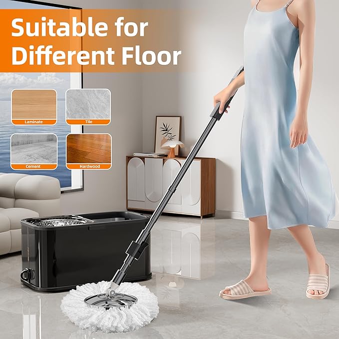Stainless Steel Spin Mop and Bucket with Wringer Set for Home,360° Mop and Bucket with Separate Clean and Dirty Water,Wet Dust Mop for Floor Cleaning with Extra Refills (Black)
