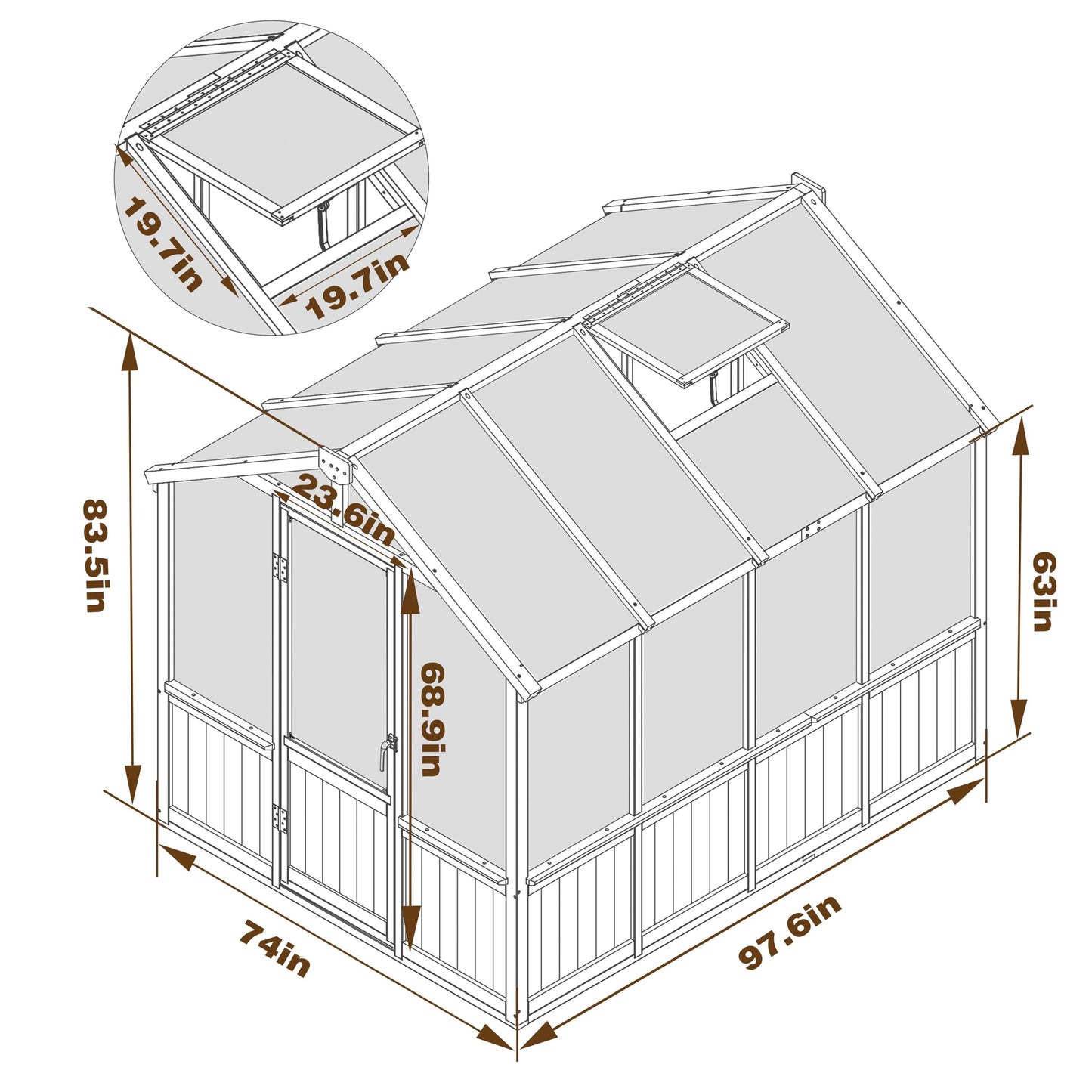 Mupater 6 x 8 FT Wooden Polycarbonate Greenhouse with Ventilated Window and Lockable Door, 6mm PC Panels for UV Protection, Walk-in Greenhouse Kit for Outdoor, Garden and Backyard, Brown
