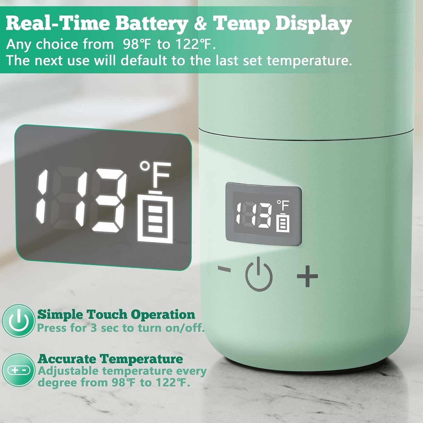 Portable Bottle Warmer for Travel, Baby Bottle Warmer with Adjustable Temp & Keep Warm for Formula, Breastmilk, Super Fast Charging & Rechargeable Milk Warmer, Cordless Water Warmer