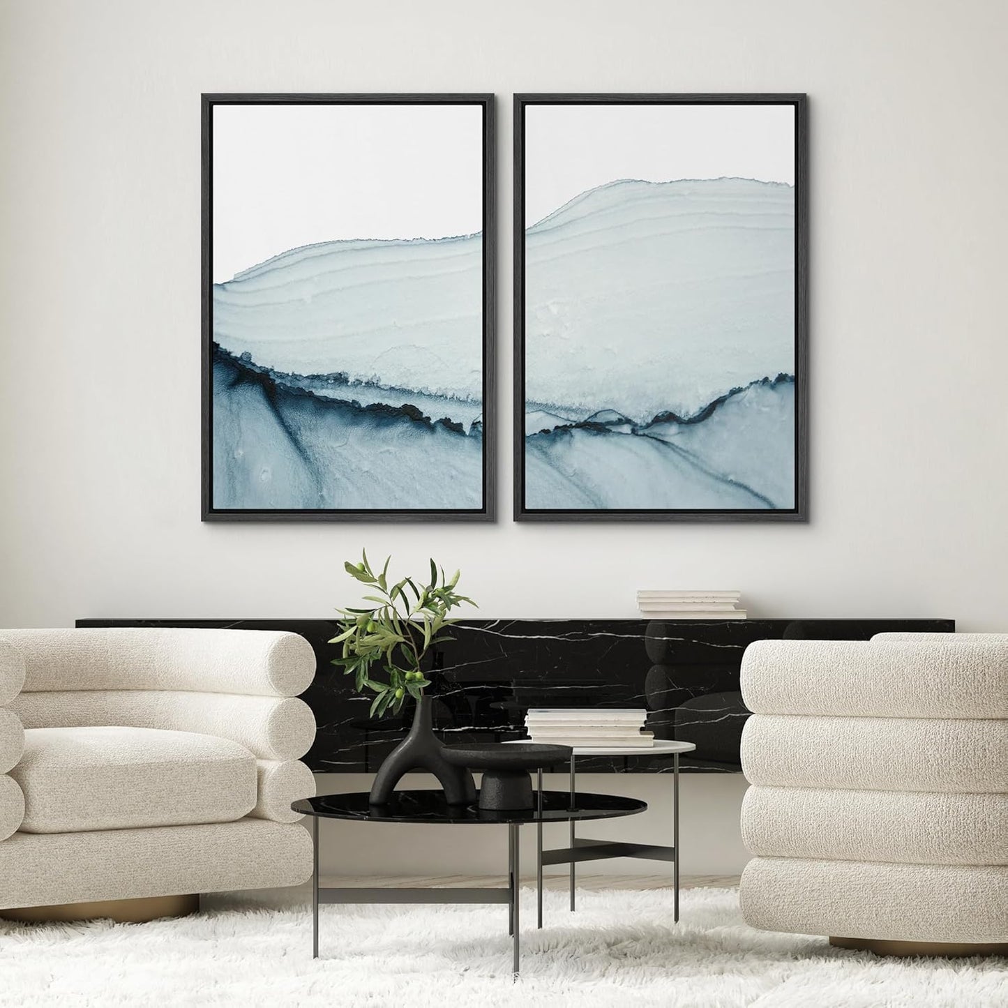SIGNWIN Framed Wall Art Print Set Blue Paint Stroke Wave Collage Abstract Shapes Illustrations Modern Art Rustic Relax/Calm Multicolor for Living Room, Bedroom, Office - 24"x36"x2 Black