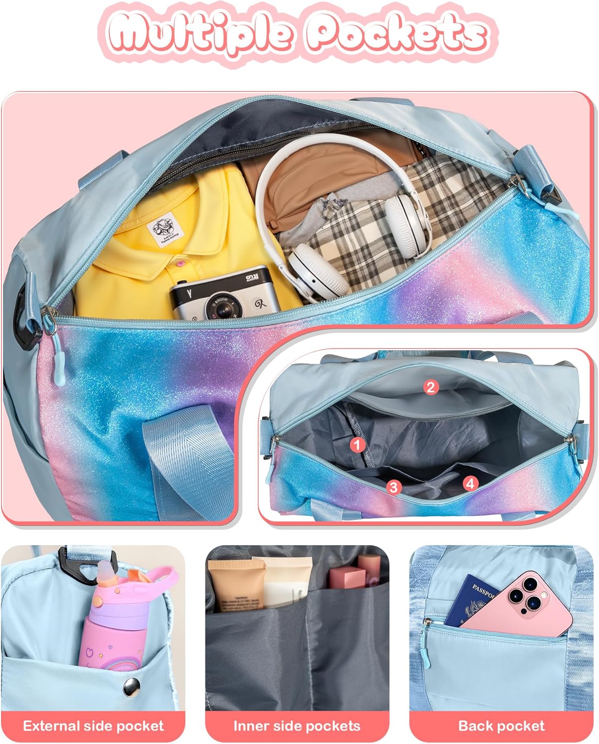 Christmas Gifts for Kids-Girl Gym Bag with Shoe Compartment, Kid Personalized Weekender Overnight Bags, Initial Travel Tote with Makeup Pouch, Graduation Gift for Girls (Letter Y)