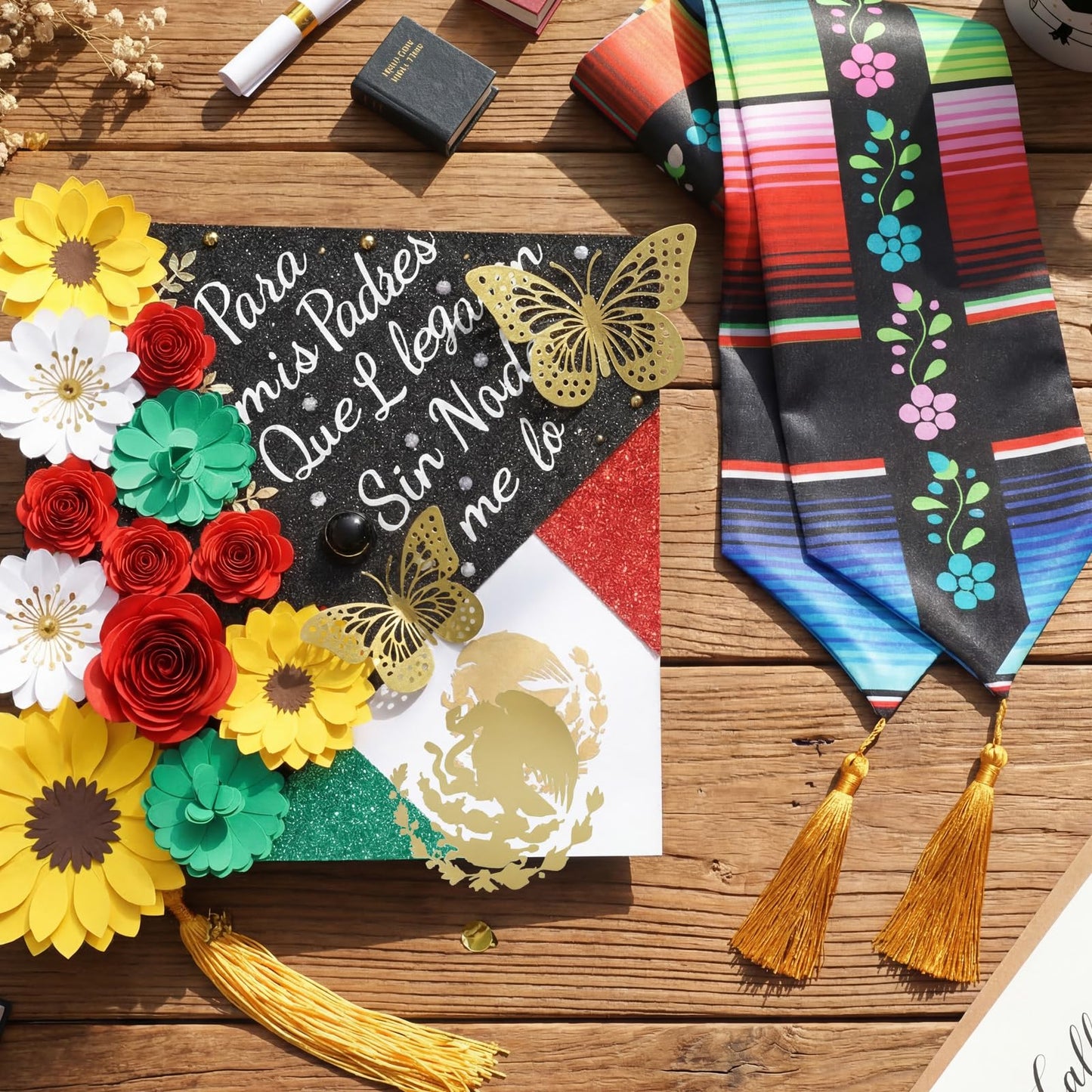 Gersoniel 44 Pcs DIY Graduation Cap Decorations Kit 2026 Mexican Graduation Stole Sash Flower Heads 3D Butterfly Stickers Glitter Rhinestones Pearl Stickers Alphabet Letter Number Grad Cap Topper Gift