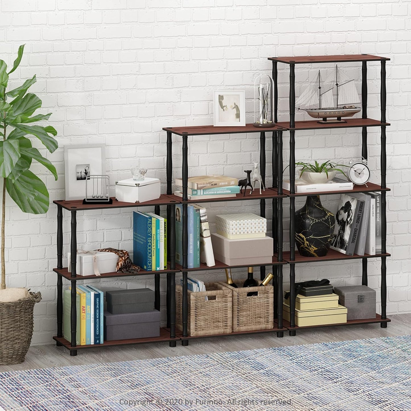 Furinno Turn-N-Tube 3-Tier Compact Multipurpose Shelf Display Rack with Classic Tube, Dark Cherry/Black
