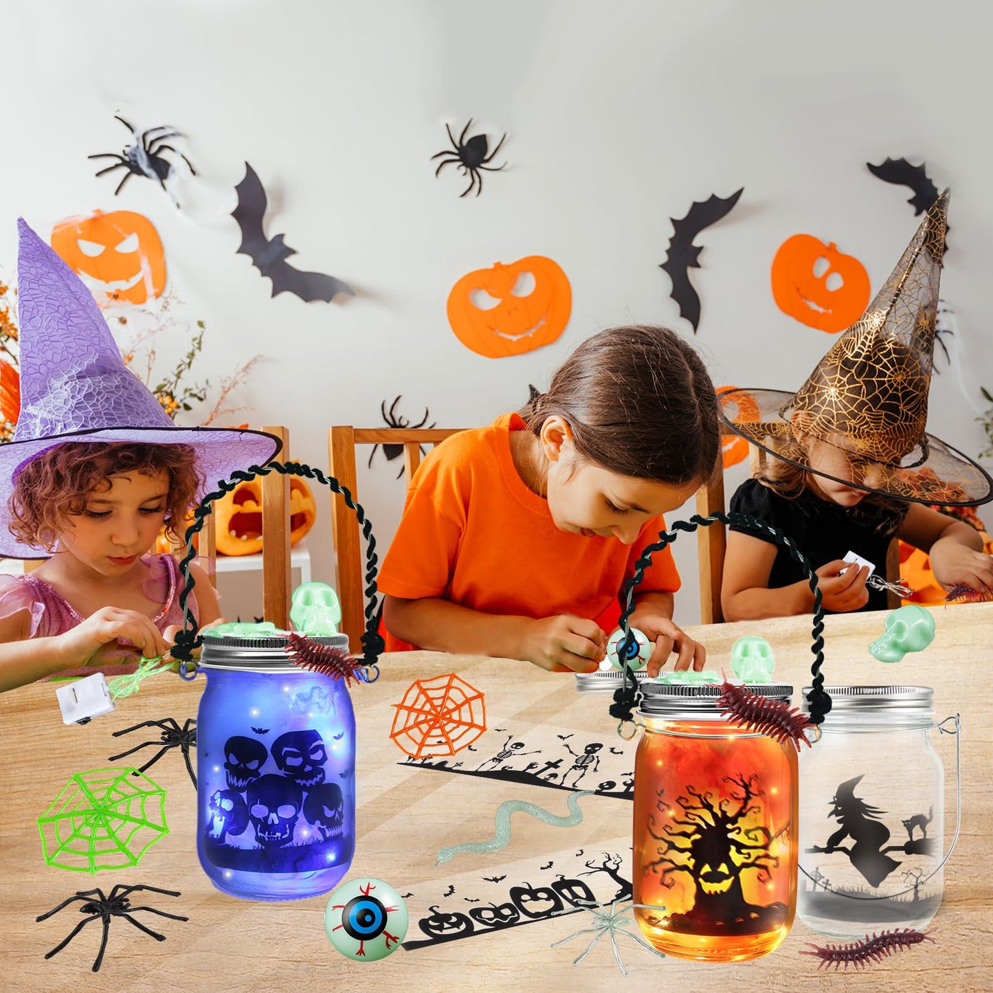 Letapapa Halloween Crafts for Kids, 8 PCS Mason Jar with Accessories for DIY Craft & Art Party Favor Supplies, Halloween Decoration Trick or Treating, Classroom Art Activities