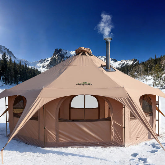 WildFinder 16.5ft Canvas Bell Tent, Large Yurt Tent with Stove Jack for Camping & Glamping, 55" High Walls, Maximum Space, Waterproof 4 Season Hot Tent with 8 Mesh Windows & Removable Floor