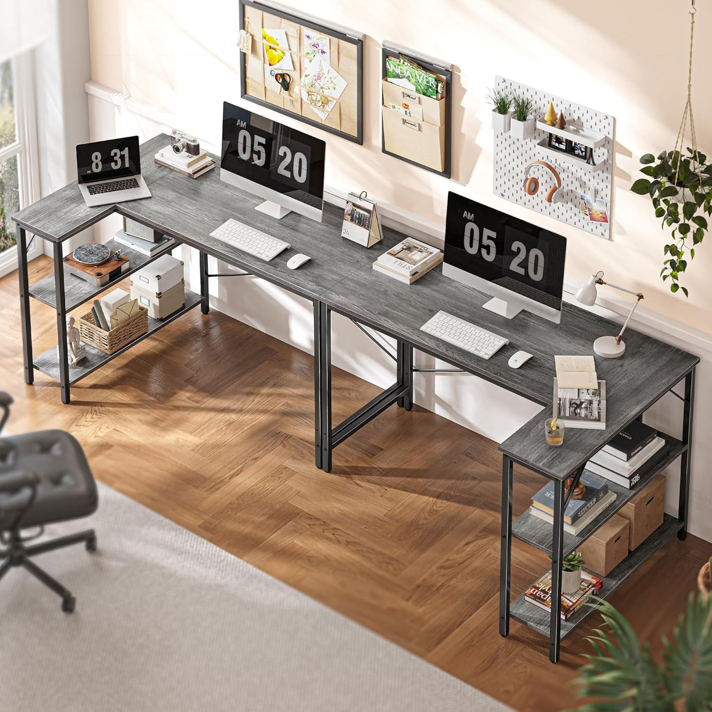 Huuger L Shaped Desk, 47 Inches Computer Desk with Reversible Storage Shelves, for Gaming Corner Home Office Writing Study, Metal Frame, Gray