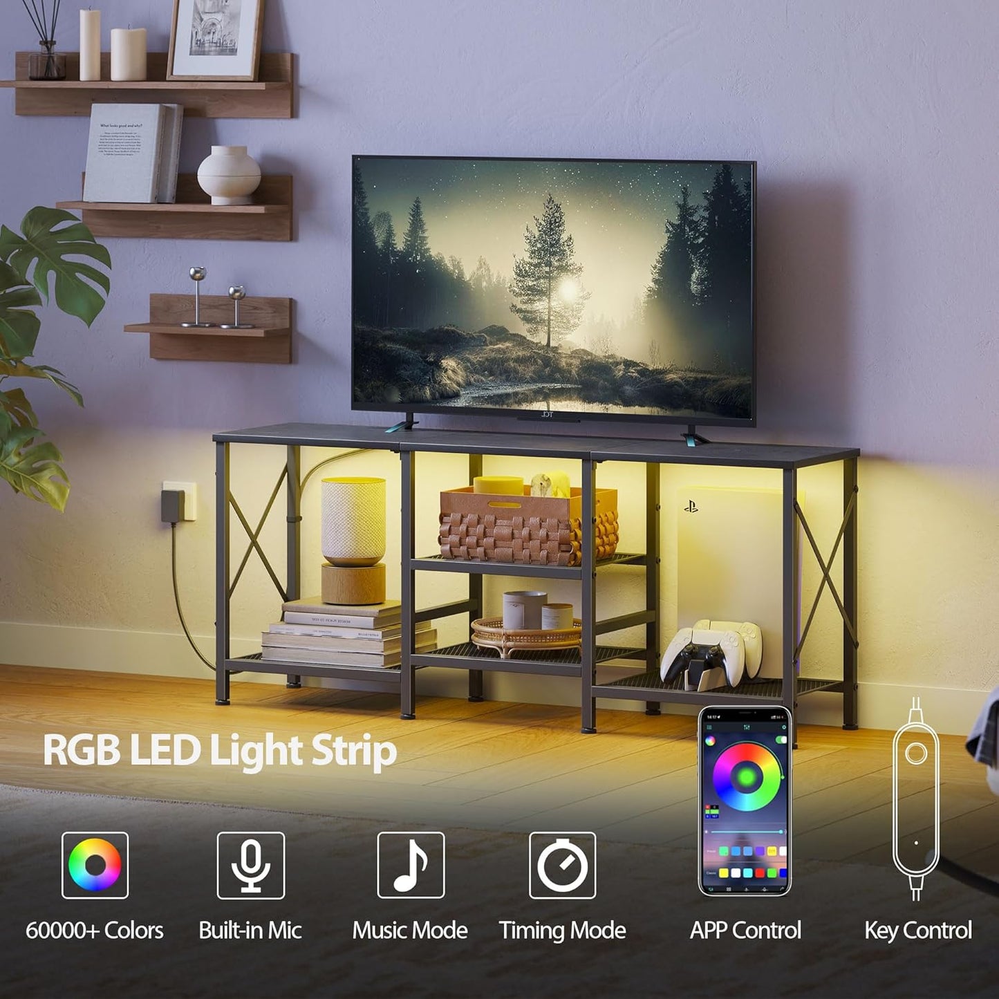 TV Stand with LED Lights for 55 Inch TV, Entertainment Center with 3-Tier Open Shelves, TV Console Table for Living Room, Bedroom, Black