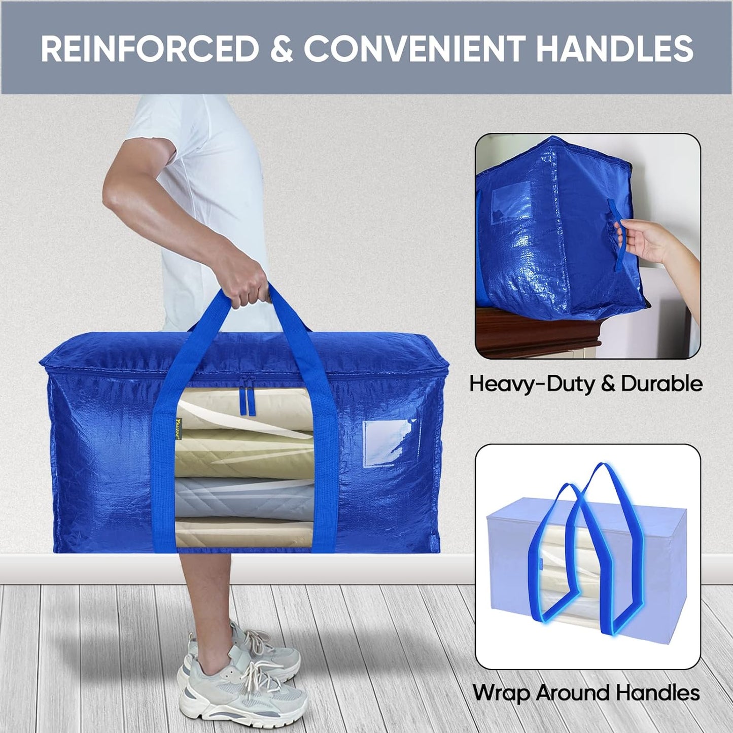 BALEINE 4-Pack Oversized Moving Bags with Reinforced Handles, Heavy-Duty Storage Tote Moving Supplies for Packaging, Camping (Blue w/Window, 4-Pack)