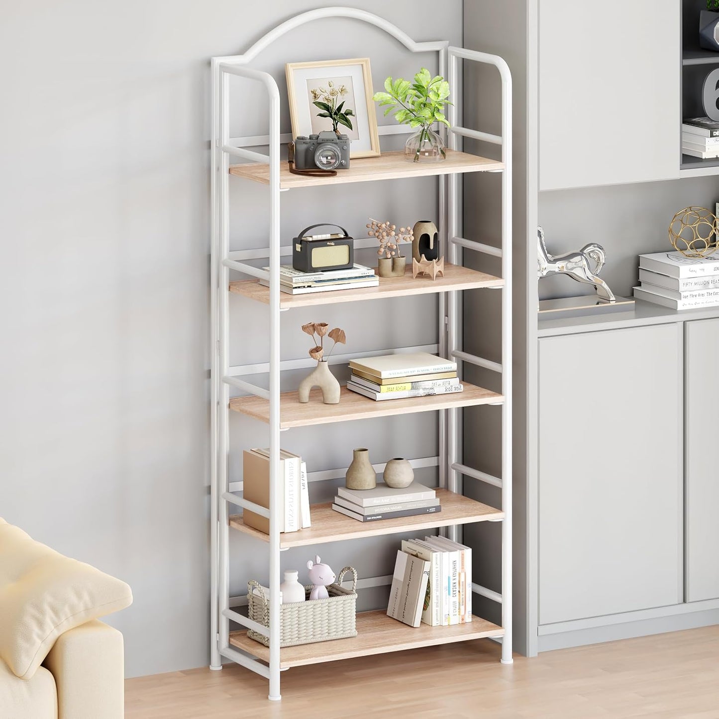 No-Assembly Folding Bookshelf Storage Shelves 5 Tiers Vintage Multifunctional Plant Stand Storage Rack Shelves Bookcase for Home Office