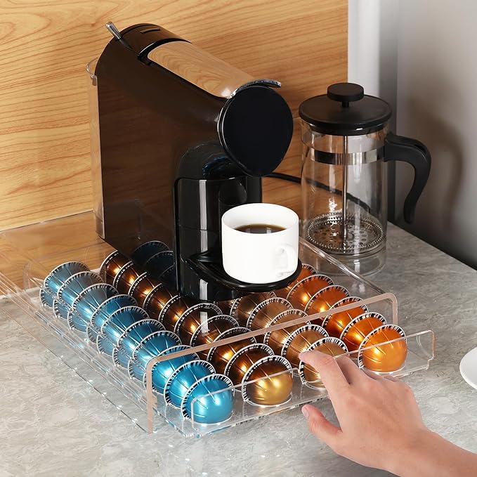 Clear Acrylic Coffee Pod Drawer for Nespresso Vertuo – 40-Pod Double-Sided Pull-Out Organizer