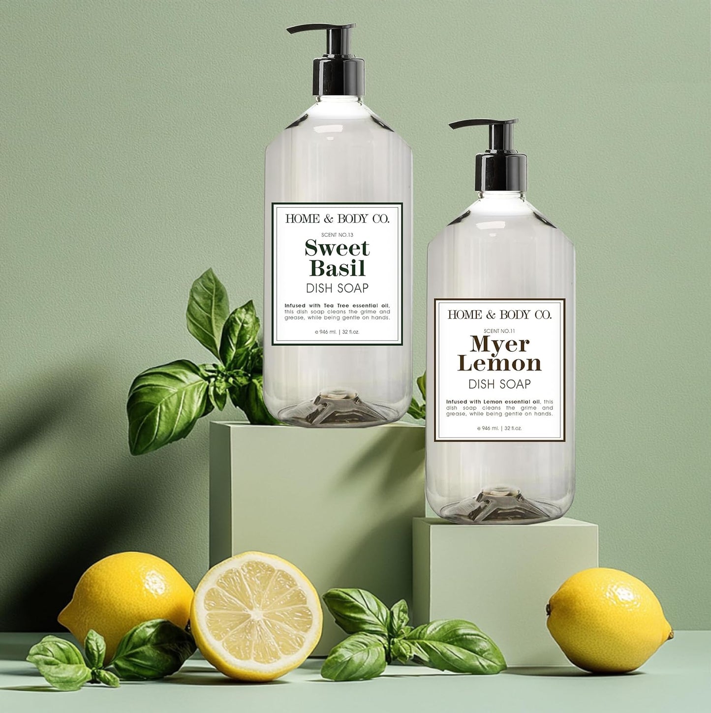 Home & Body Co. Sweet Basil and Meyer Lemon Dish Soaps, 32 fl oz, Set of 4