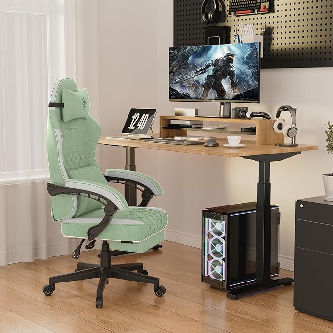 Dowinx Fabric Gaming Chair, Computer Office Chair with Pocket Spring Cushions and Lumbar Support, Ergonomic Massage Gaming Chairs with Footrest for Big and Tall, Green