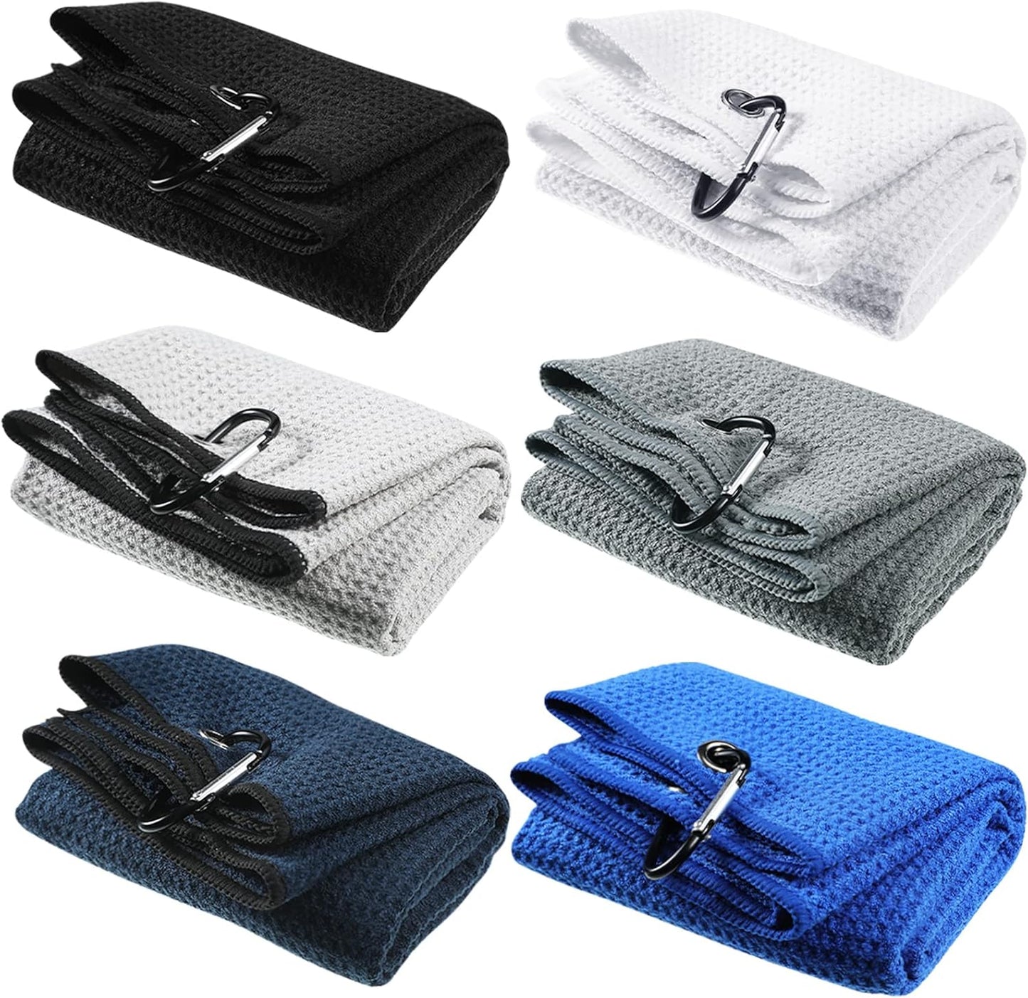 Cindeer 6 Pack Large Golf Towels, 16" x 24" Tri-fold Golf Towels, Microfiber Fabric Waffle Pattern Golfing Towel Portable with Heavy Duty Clip for Golfing Bag Remove Sand Dirt Mud Sweat(Multicolor)