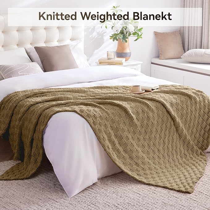 Knitted Weighted Blanket for Adult, No Beads Heavy Blanket 60” x 80'' 17lbs, Breathable Chunky Knit Blanket, Cooling Weighted Blanket for Hot Sleepers, Christmas Home Decor (Camel)
