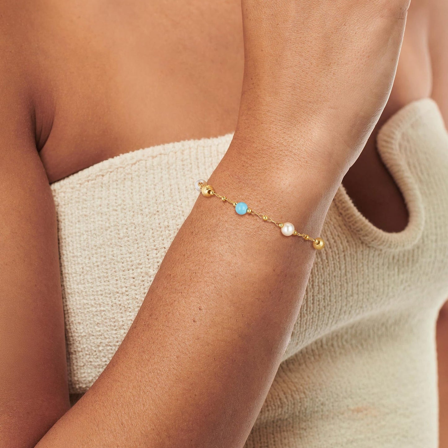 MEVECCO Gold Bracelet for Women 18K Gold Plated Pearl Turquiose Stone Custom Handmade Mixed Beaded Charm Chain Bracelet Stack Jewelry Gifts