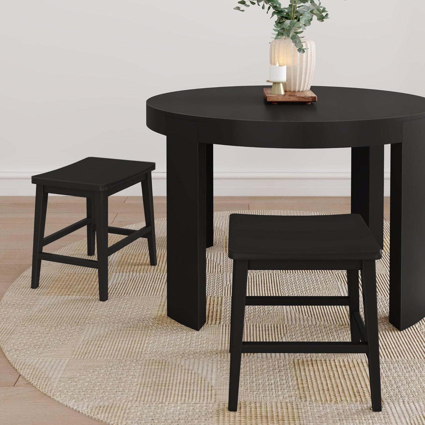 Plank+Beam Smythe Dining Stool, 18" Vanity Stools, Set of 2, Sturdy Wood Modern Kitchen Stool, Saddle Seat Backless Chair, Metal Footrest, Black