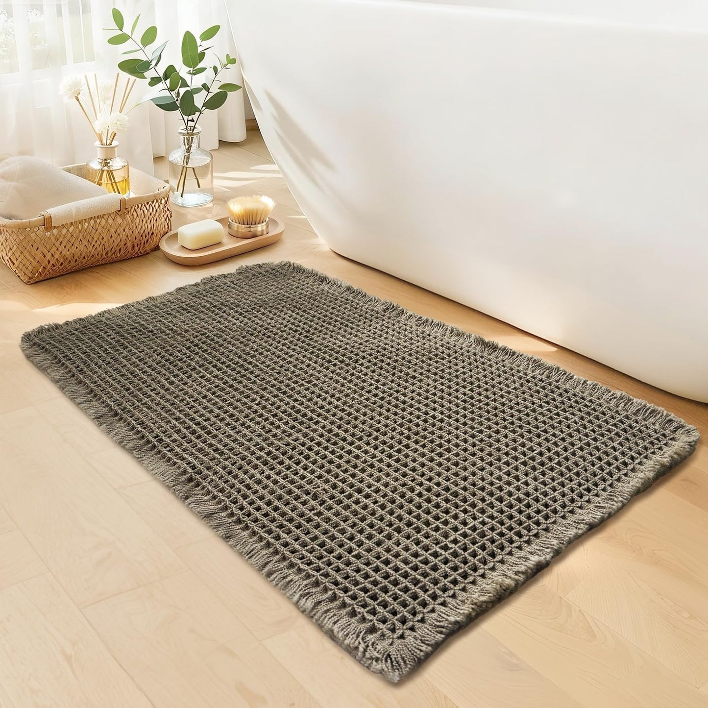 Waffle Bath Mat - Boho Bathroom Rugs Non Slip Washable, Super Absorbent & Quick Dry, Soft Bath Mat Farmhouse Bathroom Decor, 20'' x 32'', Olive Green