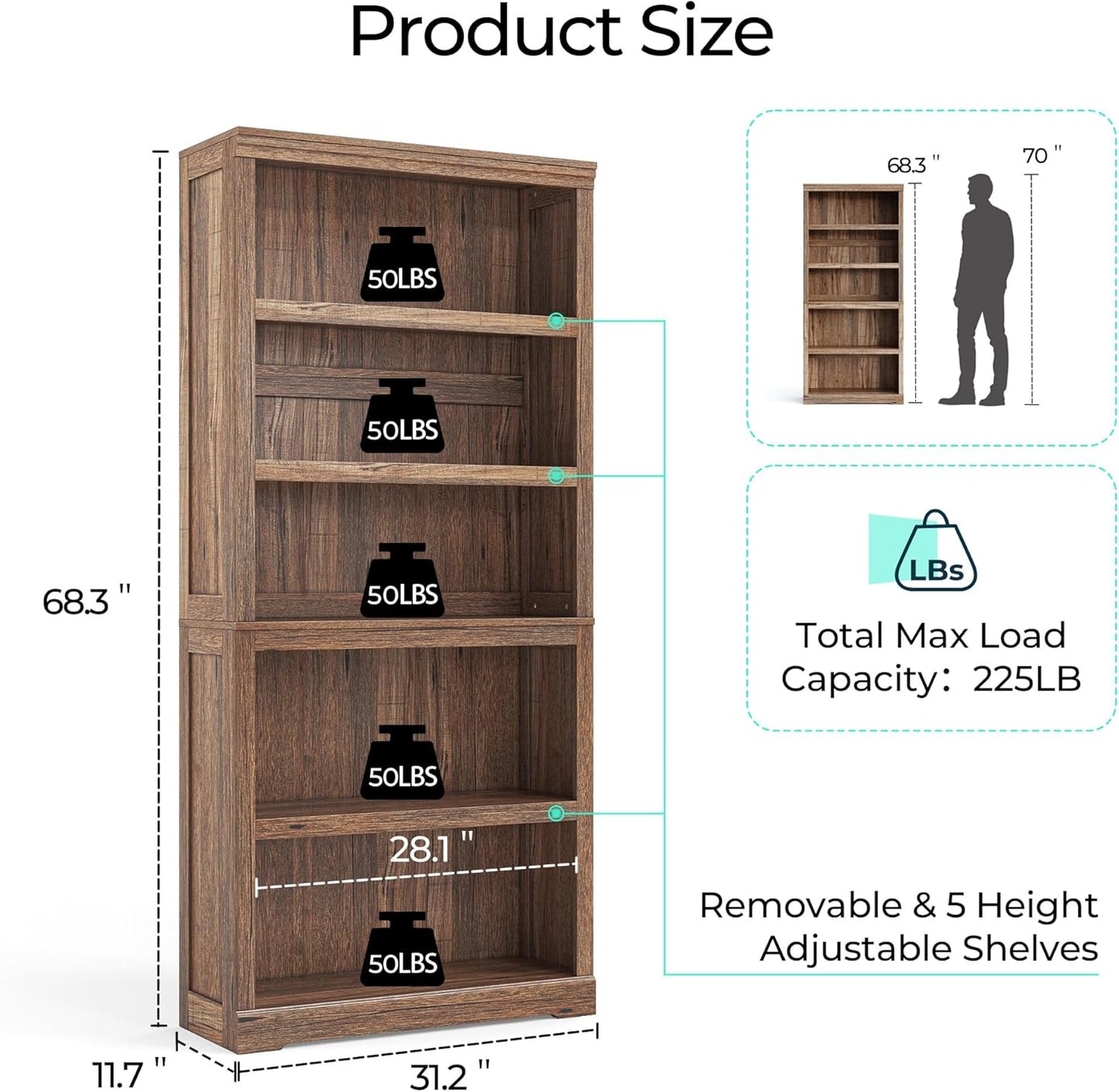 LINSY HOME 5-Shelf Bookcase, Bookshelves Floor Standing Display Storage Shelves 68 in Tall Bookcase Home Decor Furniture for Home Office, Living Room, Bed Room - Dark Brown