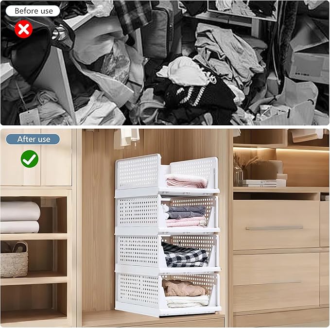 VECELO 4 Pack Plastic Closet Shelf Organizer, Stackable Sweater Storage Closet Drawers, Foldable Wardrobe Organizer, Easy Assembly, Durable and Space Saving for Closet, Bathroom, Kitchen, Gray
