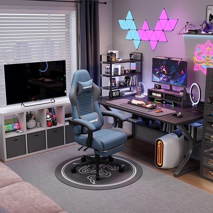 Gaming Chair, Fabric Computer Chairs with Lumbar Support and Massager, Ergonomic Office Chair with Footrest & Pocket Spring Cushion, Bearing 400 LBS（Blue）