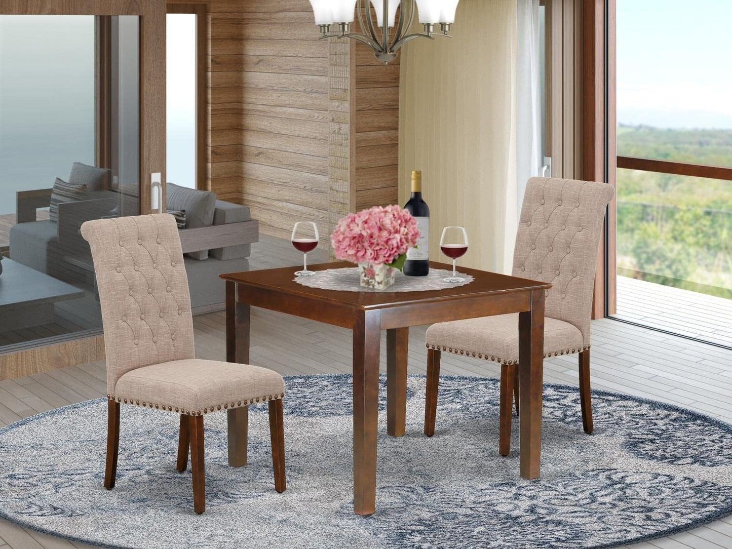 East West Furniture OXBR3-MAH-04 3 Piece Dining Room Furniture Set Contains a Square Dining Table and 2 Light Tan Linen Fabric Upholstered Chairs, 36x36 Inch, Mahogany