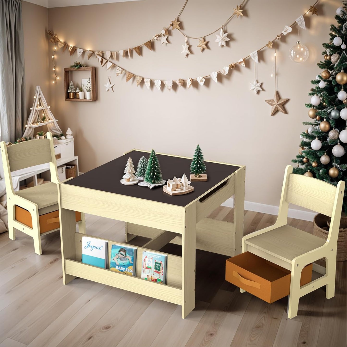 Joyooss Kids Table and Chair Set,4 in 1 Wooden Activity Toddler Table and Chairs Ages 3-7,2 in 1 Tabletop Drawing Reading Crafts Toddler Desk for Playroom,Kid Art Desk for Nursery Storage