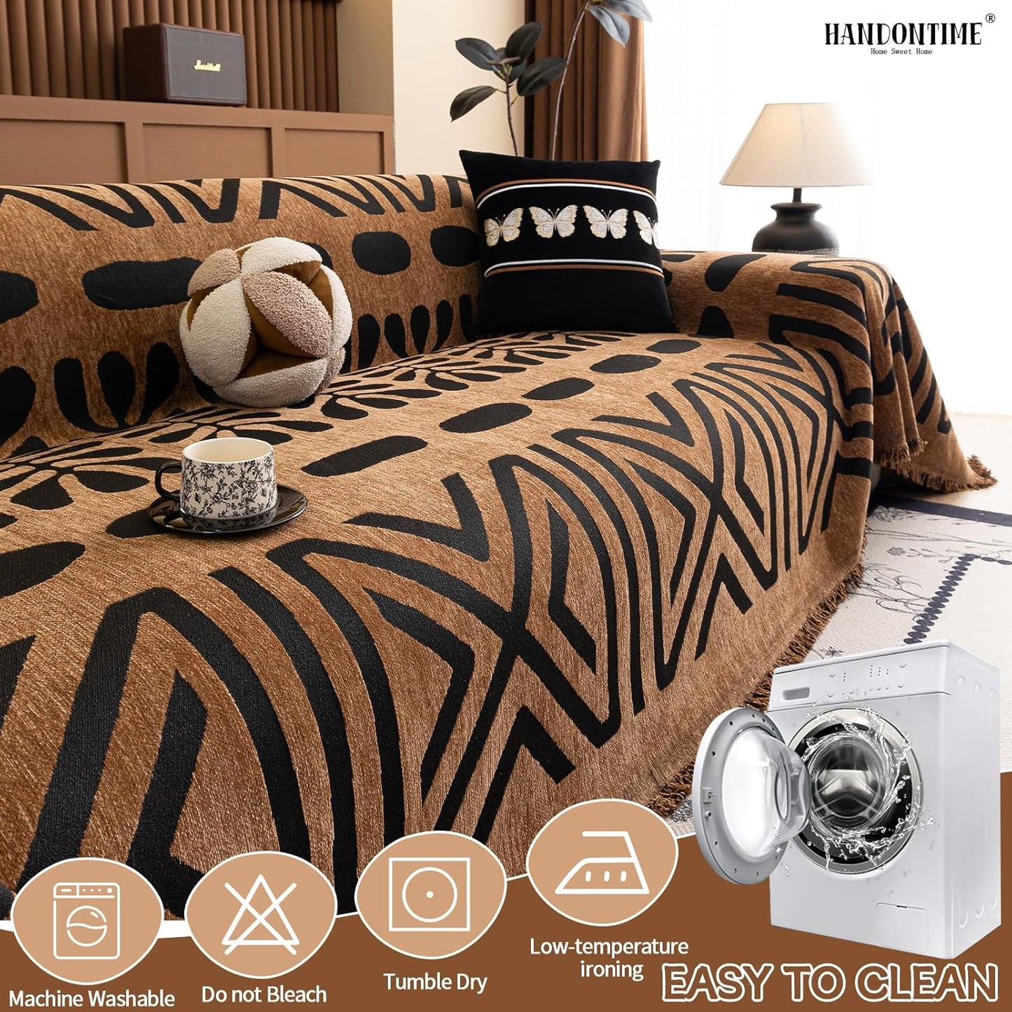 HANDONTIME Boho Couch Cover Geometric Striped Pet Covers for Couches and Sofas Copper Brown and Black Dog Cover for Couch Pet Friendly Chenille Sectional Sofa Covers for Pets Washable, 71" X 134"