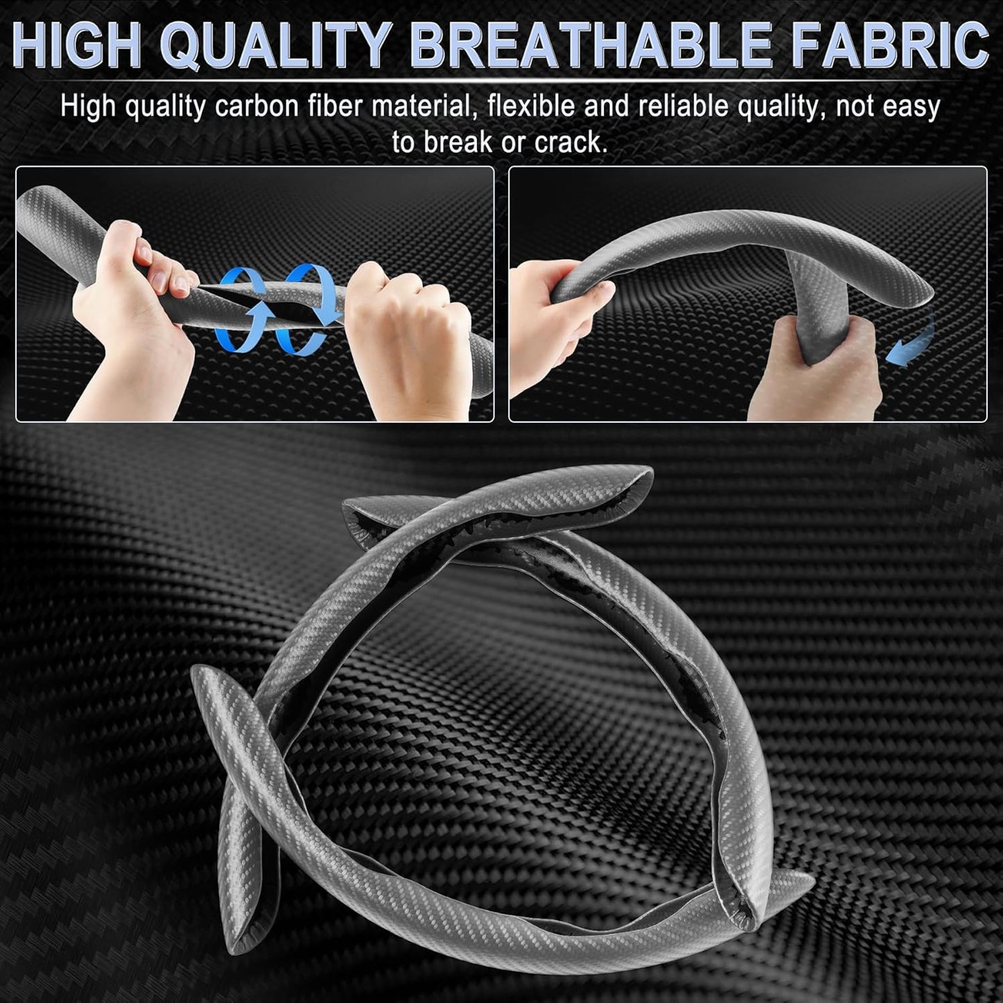 Amiss 3pcs Carbon Fiber Anti-Skid Steering Wheel Cover, Segmented & Butterfly Design, Universal 99% Car Wheel Cover Protector, Grey