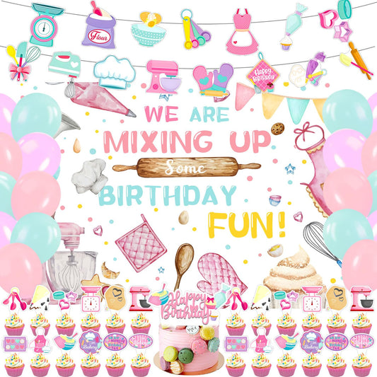 NlSIFU 59 Pcs Baking Birthday Party Supplies, Baking Themed Decorations with Backdrop, Banners, Balloons, Cake & Cupcake Toppers in Pink
