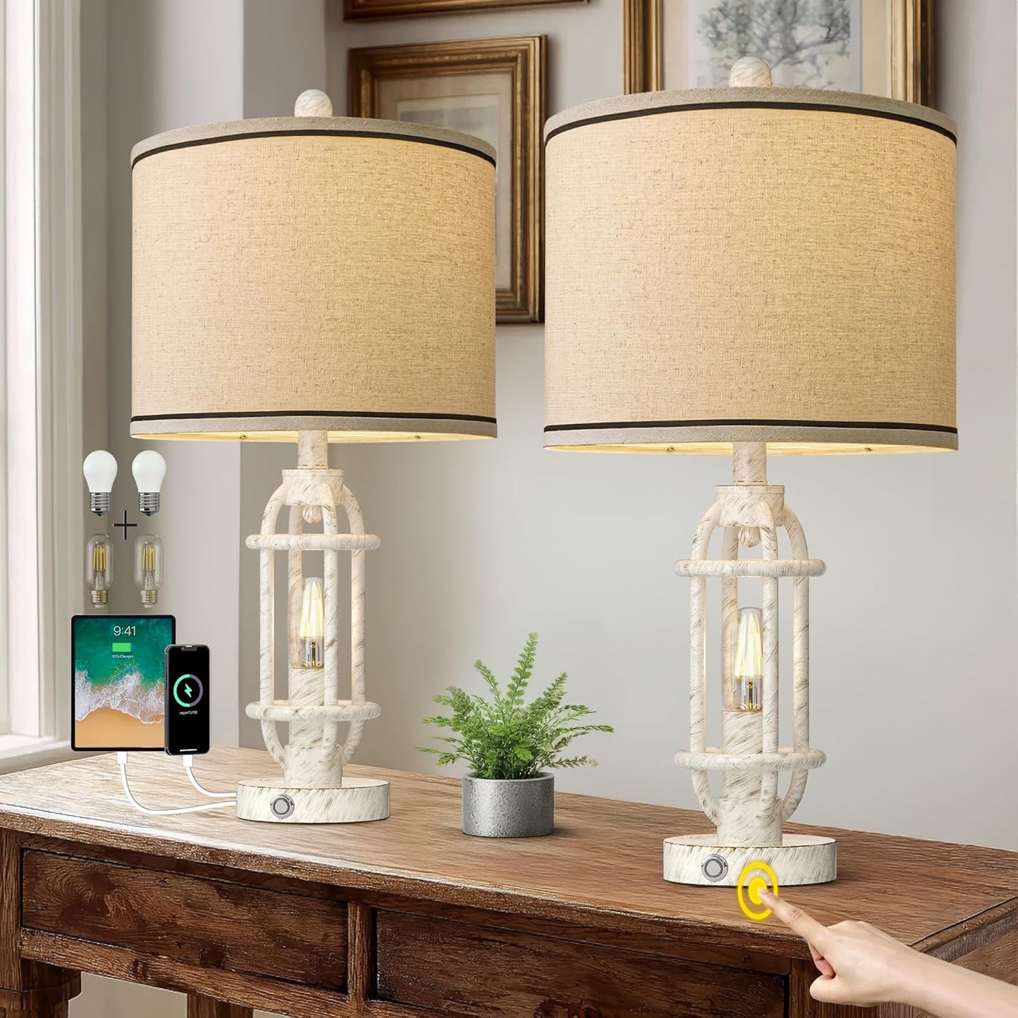 23.75'' Table Lamps Set of 2 for Living Room Bedroom Industrial Farmhouse Metal Touch Lamps with USB A+C Ports, Night Light Vintage Nightstand Bedside Lamp, Bulbs Included, White