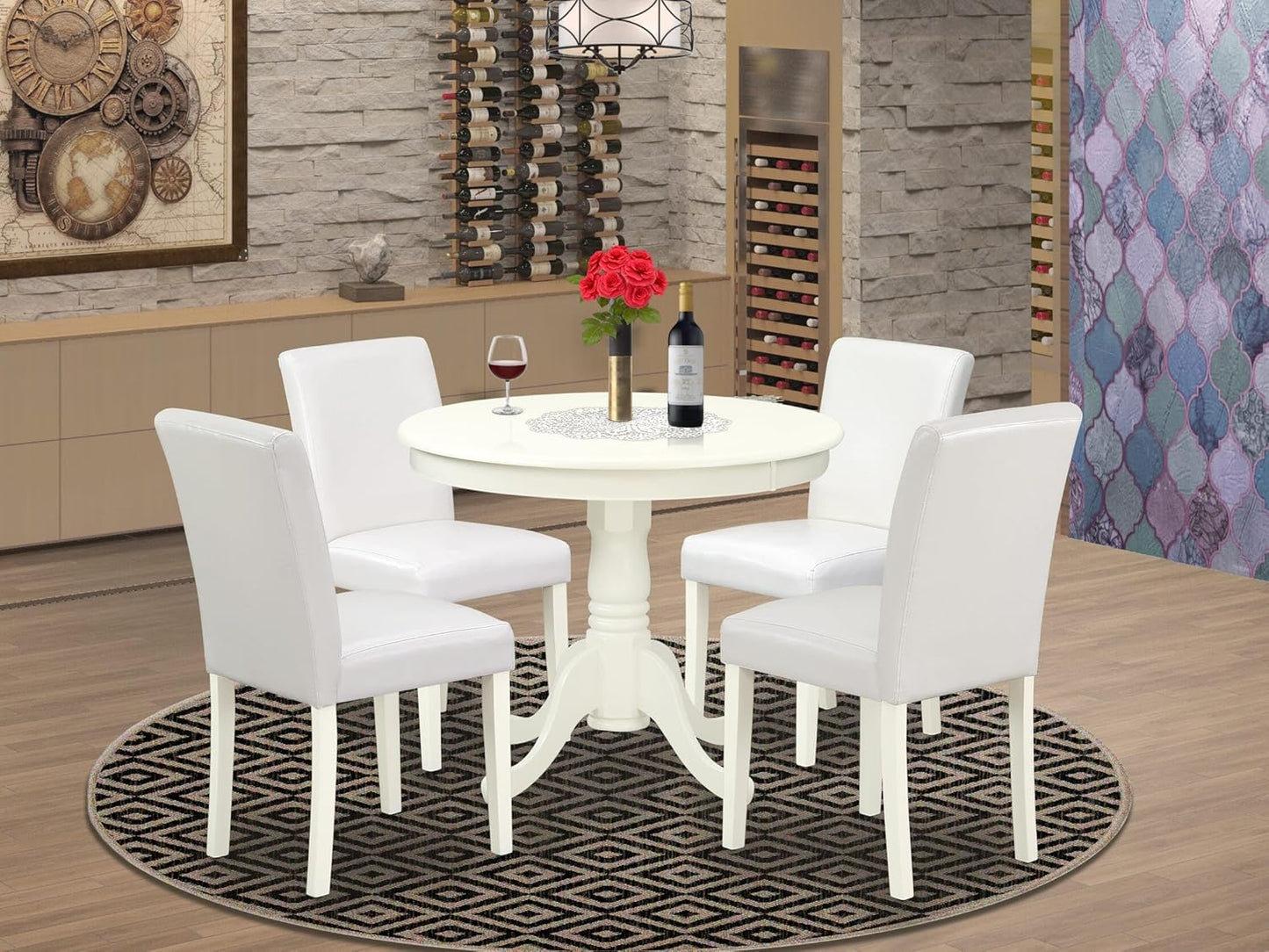 East West Furniture ANAB5-LWH-64 5 Piece Dining Room Table Set Includes a Round Kitchen Table with Pedestal and 4 White Faux Leather Upholstered Parson Chairs, 36x36 Inch, Linen White