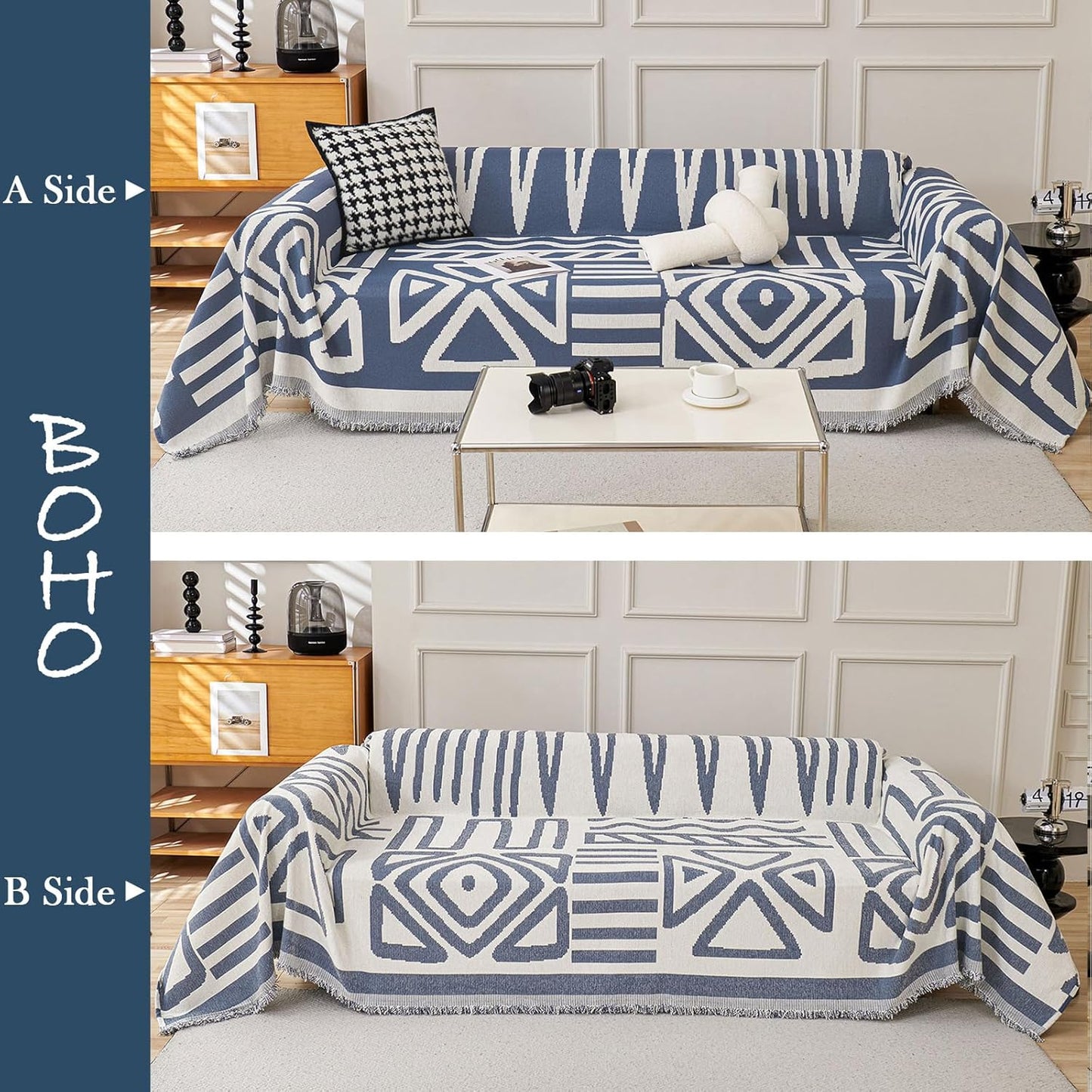 HANDONTIME Boho Chenille Sofa Cover - Denim Blue Reversible Blanket for L Shaped Sectional Couch - Geometric Protector for Dogs, 59" X 71"