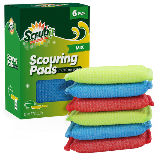 SCRUBIT Multi-Purpose Scouring Pad - Non-Scratch Cleaning Sponges for Pots, Pans, Dishes, Utensils & Non-Stick Cookware - Scrubbing Pads Use for Kitchen, Bathroom - 6 Pack Dish Sponge - (Colored)