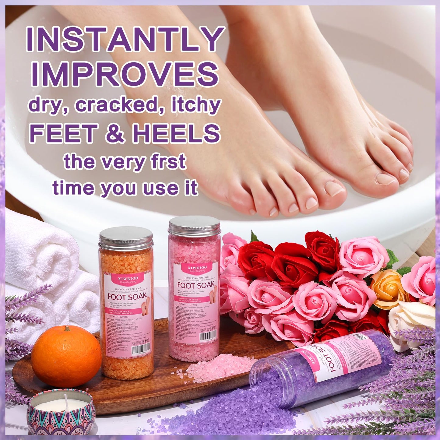 XIWEIOO 3 Pack Foot Soak Salts Kit Epsom Salt - Himalayan Pink Salt - Dead Sea Salt - Foot spa Care Best for Good Sleep Essential Oils Tea Tree Oi Lavender Rose for Women