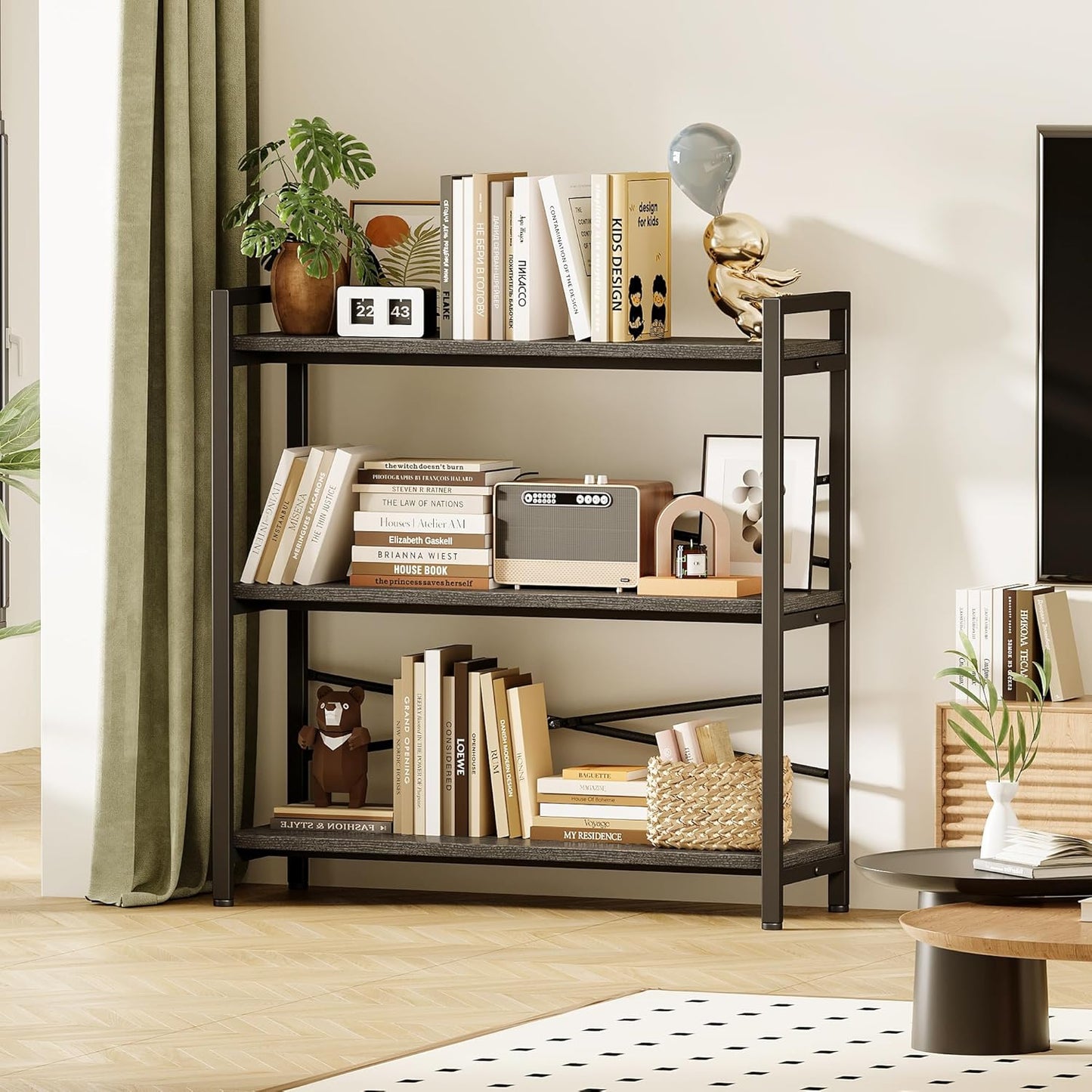 Book Shelf, 3 Tier Bookshelf 31.49" Width, Book Shelf Storage and Organization, Wooden and Metal Industrial Bookcase, Large Book Shelves for Home Living Room Bedroom Office Storage(Grey)
