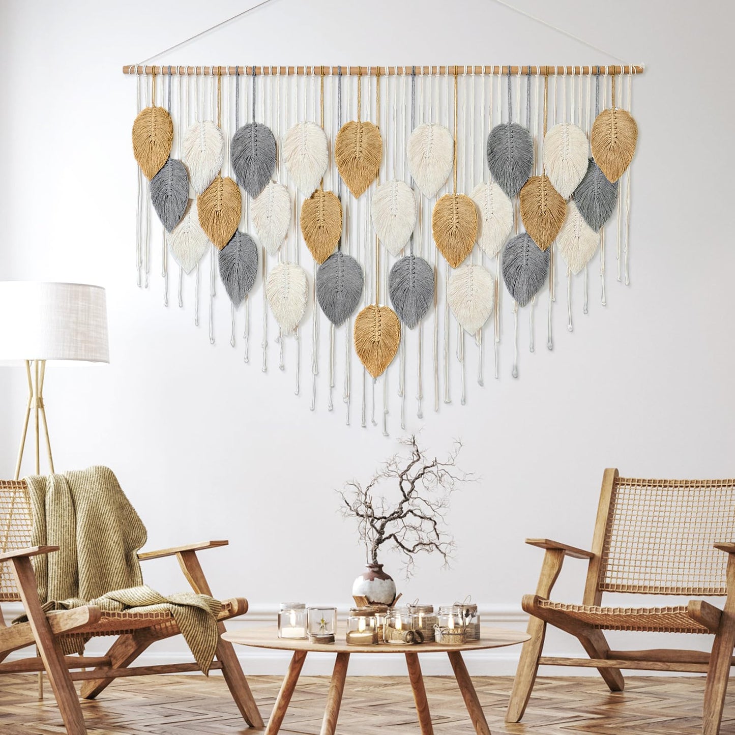 KHOYIME Large Macrame Wall Hanging Boho Woven Tapestry, Chic Modern Home Decor Bohemian Farmhouse Handmade Leaf Feather Wall Art Decorations for Living Room Bedroom Nursery Dorm Backdrop 51.5"W X 33.5"L