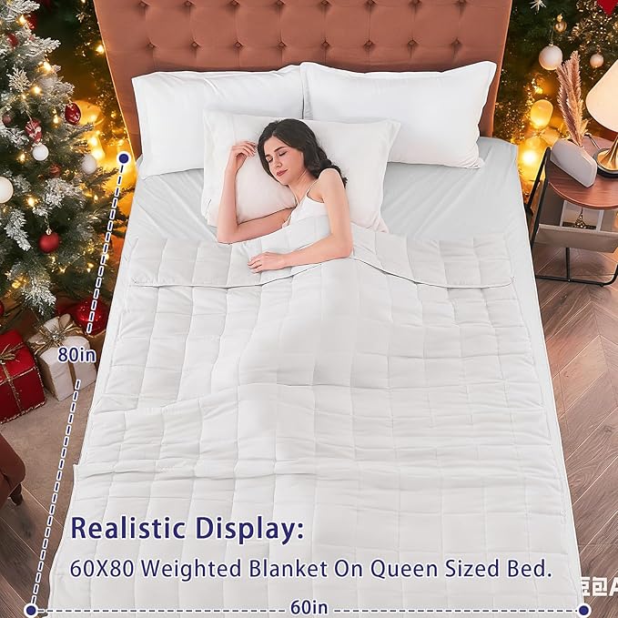 yescool Weighted Blanket for Adults (20 lbs, 60” x 80”, White) Cooling Heavy Blanket for Sleeping Perfect for 190-210 lbs, Queen Size Breathable Blanket with Premium Glass Bead, Machine Washable