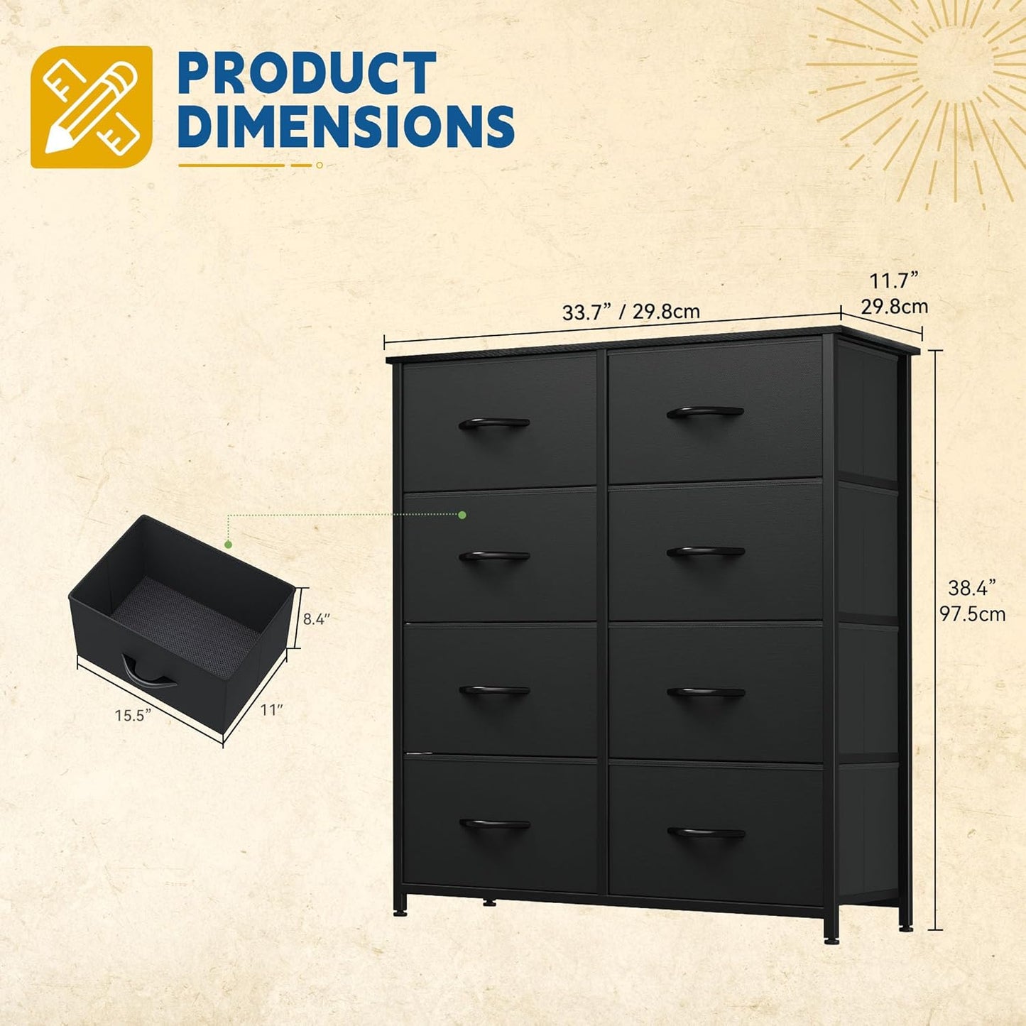 DWVO Fabric Dresser for Room, Tall Storage 8 Drawers, Black Dresser & Chest of Drawers, Storage Drawer Organizer for Closet, Living Room