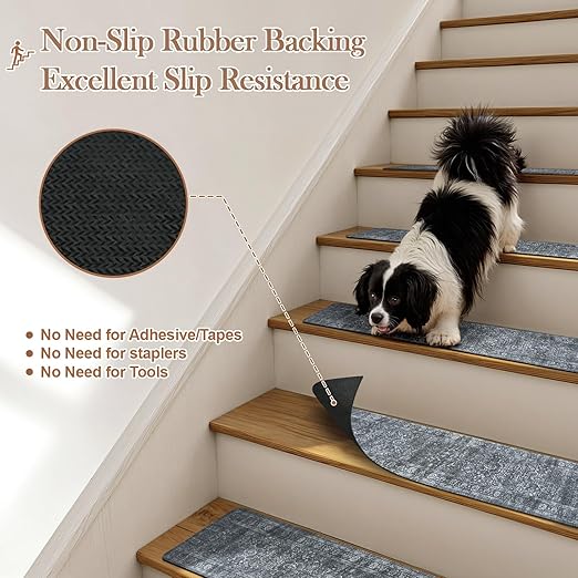 OJIA Vintage Stair Treads Non-Slip Stair Runner for Wooden Steps Indoor 15PCS 30"x8" Carpet Stair Treads Stair Mats Staircase Step Treads for Kids, Elders and Dogs, Stair Covers, Dark Gray
