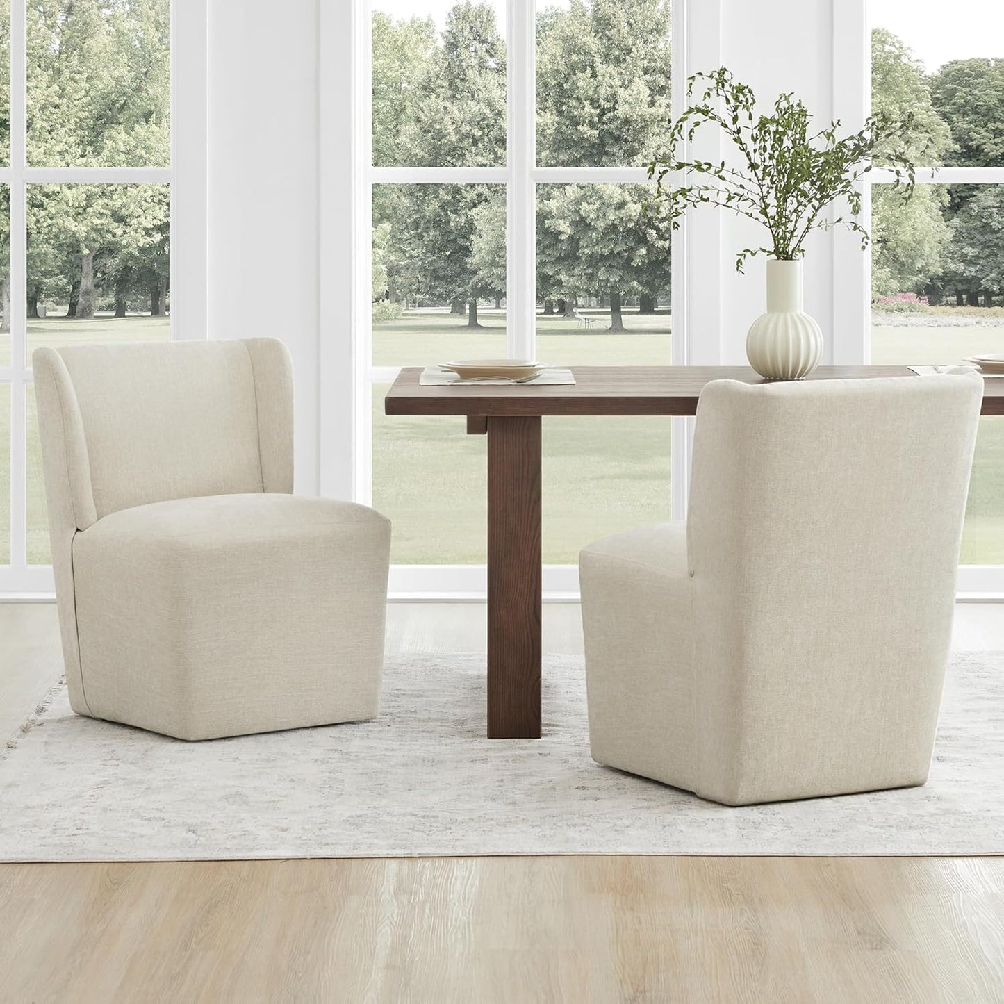 Upholstered Dining Chair with Casters Wingback Modern Side Armless Deskchair with Rollers for Diningroom Bedroom Livingroom Reading Room,Cream Beige,1 Box