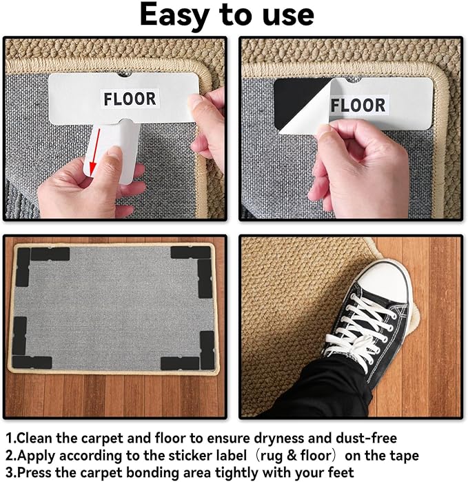 Rug Carpet Non Slip Grippers, Reusable Double Sided Carpet Tape Pads, Strong Adhesive Grippers for Area Rugs, Keep Corners Flat, No Damaging for Floor, 24Pcs