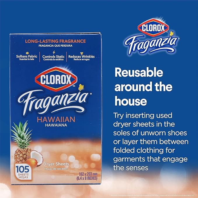 Clorox Fraganzia Fabric Softener Dryer Sheets, Hawaiian Scent - Wrinkle Reducing Scented Softening Laundry Dryer Sheets for Great Smelling Clothes, 105 Count - 6 Pack