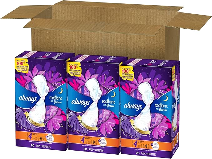 Always Radiant Feminine Pads for Women, Flexfoam Pads with Wings, Size 4, Overnight Absorbency, Lightly Scented, 60 Count (3 Packs of 20)