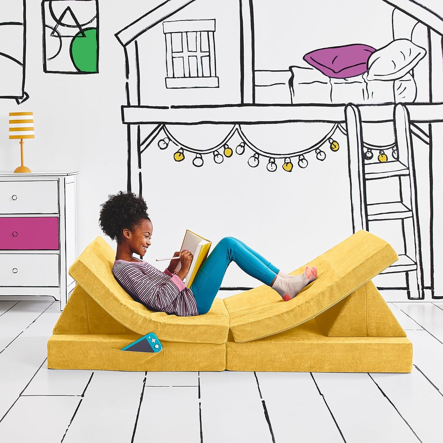 Yourigami Kids and Toddler Play Couch, Convertible Folding Sofa, Durable Foam Modular Design, Sunflower Yellow XL