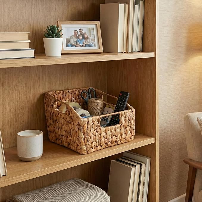 Wicker Pantry Basket Set of 2 – Handwoven Water Hyacinth Wicker Storage Baskets with Handles – Decorative Woven Baskets for Kitchen, Shelves & Organizing