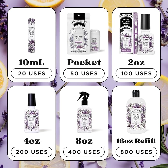 Poo-Pourri Before-You-Go Toilet Spray, Lavender Vanilla, 4 Fl Oz, Up to 200 Uses, Bathroom Odor Deodorizer, Plant-Based with Essential Oils, for Home or Work, Lavender, Vanilla and Citrus Scent