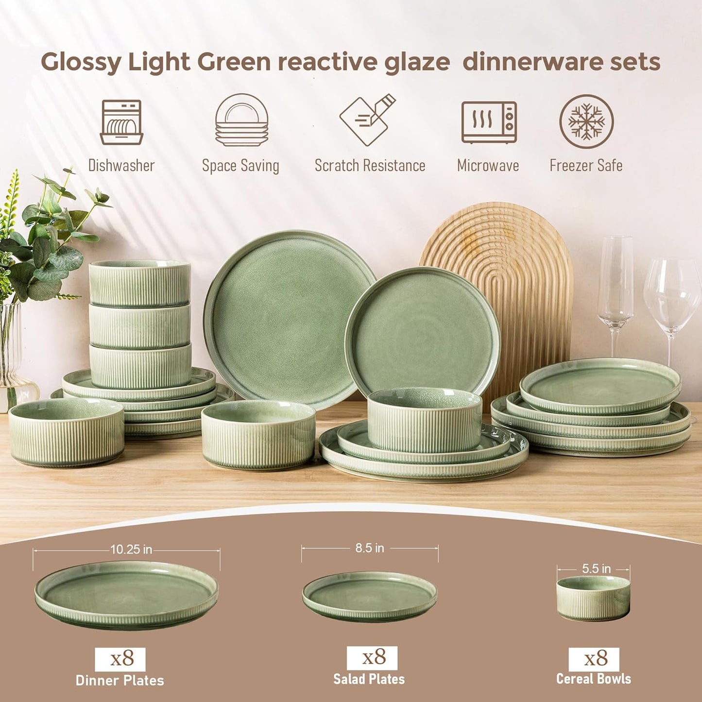 GBHOME Stoneware Dinnerware Sets for 8,Round Reactive Glaze Ceramic Plates and Bowls Set,Highly Scratch Resistant | Dishwasher & Microwave Safe Dishes Set,Service for 8(24pcs)